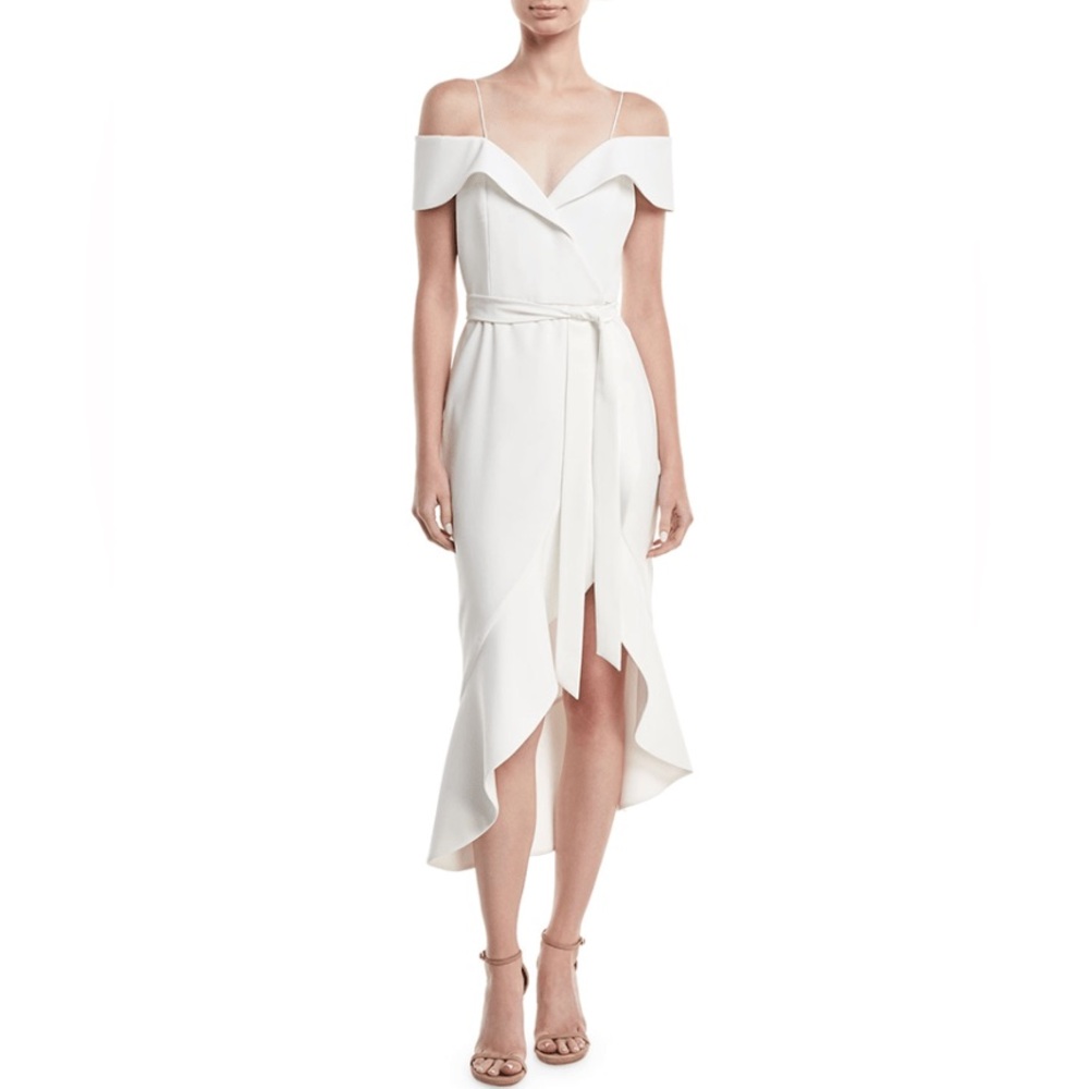 Size 6 A-Line  Dress Off the Shoulder Midi Scuba with Side Cascade and ruffles